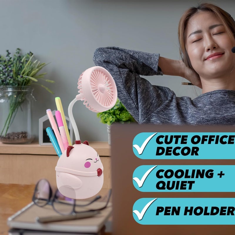 Ennotek Cute Cat Desk Fan with Pen Caddie – USB Plug‑In Table Fan with Strong Airflow & Small Backup Battery – Fun Office Desk Accessories for Home, School & Work (Pink Cat) - Image 3